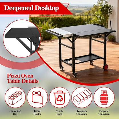 Grill Table for Pizza Ovens, Ninja Pizza Oven Table with Extendable Desk, Durable Outdoor Grill Cart Stand with Food Prep Topping Station for Patio, Backyard,43" L × 27" W