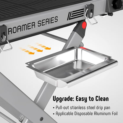 FEASTO Portable Propane Gas Grill with Folding Cart & 13000 BTUs Burner, 360 Sq. In. Cast Iron Cooking Grates, Side Table, 8" Wheels, Stainless Grease Tray for Outdoor BBQ, Camping & Tailgating, Grey