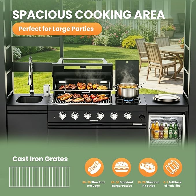 97" Outdoor Kitchen Island,4-Burner Propane Grill Featuring Rotisserie Oven,Side Burner,Mini Wine Fridge,Galvanized Steel Roof,Granite Countertops & Sink – BBQ Grill 72,000 BTU Total.(Black,Propane)