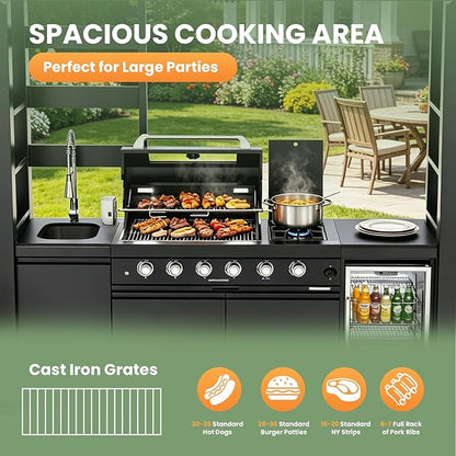 97" Stainless Steel Outdoor Kitchen Island with 4-Burner 72000 BTU,Gas Grill with Side Burner,Rotisserie Oven,Beverage Fridge,Galvanized Steel Roof,Granite Countertops,Sink.(Natural Gas)