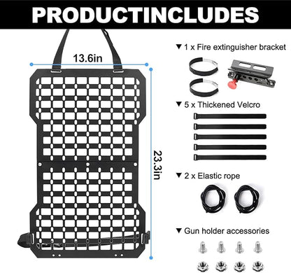 Rigid Molle Panels For Vehicles Truck Mount Rack Panel with Fire Extinguisher Mout & Hook and Loop Fasteners & Elastic Rope Tactical Seat Back Organizer Adjustable Versatile Panel
