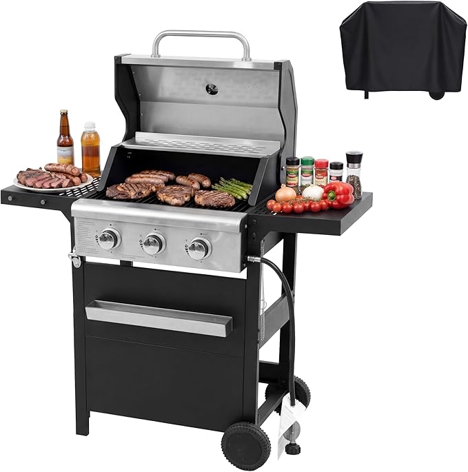 Endark 27,000 BTU 3-Burner BBQ Grill with Cover – Double-Layer Stainless Steel Lid, Cast Iron Cooking Grates, 2 Built-in Shelves & Side Wheels – For Outdoor Patio & Terrace Barbecue