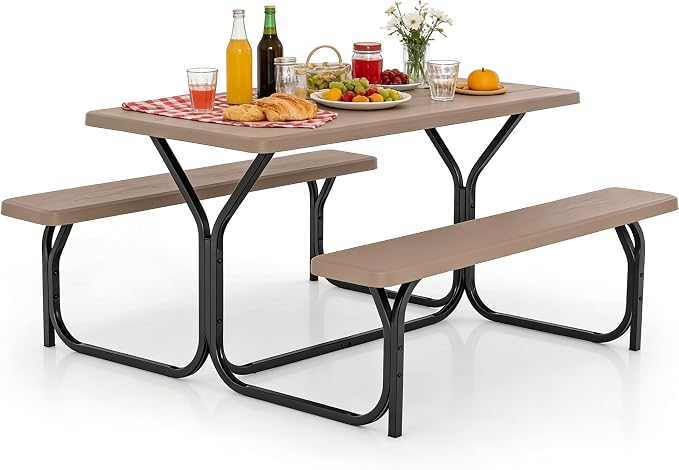 COSTWAY Outdoor Picnic Table, HDPE Plastic Picnic Table Bench Set with Weather Resistant Tabletop & Wood Texture, Ideal for Patio, Backyard (59" D x 54" W x 28.5" H,Brown)