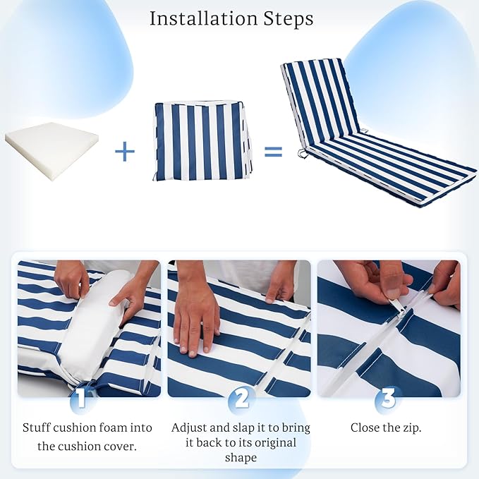 Chaise Lounge Cushions Outdoor Set of 2, 72"x22"x3" Patio Lounge Chair Furniture Cushions with Washable Covers for Pool, Patio, Lawn (Blue+White Stripes, 2 Pcs)