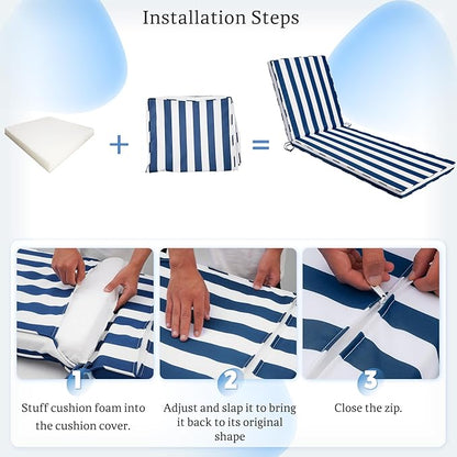 Chaise Lounge Cushions Outdoor Set of 2, 72"x22"x3" Patio Lounge Chair Furniture Cushions with Washable Covers for Pool, Patio, Lawn (Blue+White Stripes, 2 Pcs)