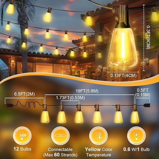 LAMPHOME 2-Pack 26Ft ST38 Outdoor String Lights, Warm Yellow Edison LED Patio Light with 12+1 Shatterproof Bulbs, Waterproof for Bistro Christmas Party Garden Decor