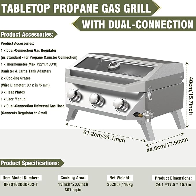 BESTFIRE Portable Propane Grill, 3-Burner Tabletop Gas Grill with 2-in-1 Connection for 1lb/20lb Tanks, 30,000 BTU Stainless Steel BBQ with Observation Window & Thermometer for Outdoor, Tailgating