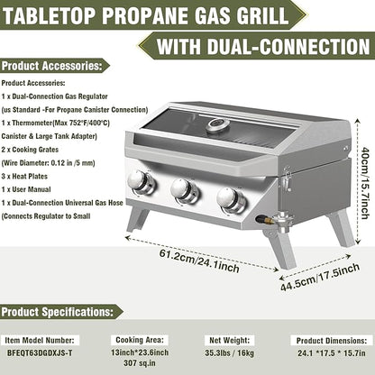 BESTFIRE Portable Propane Grill, 3-Burner Tabletop Gas Grill with 2-in-1 Connection for 1lb/20lb Tanks, 30,000 BTU Stainless Steel BBQ with Observation Window & Thermometer for Outdoor, Tailgating