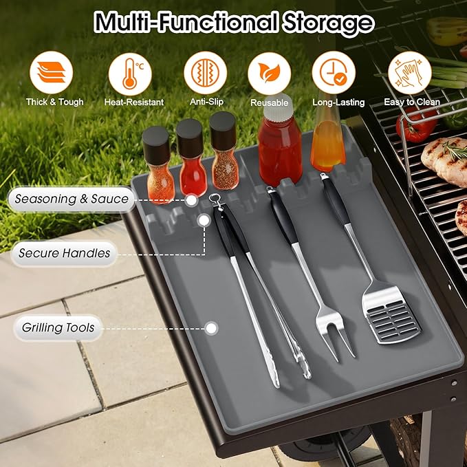 Silicone Grill Mats Compatible with Blackstone, Spatula Tools Mat with Drip Pad, Griddle Mats BBQ Grill Accessories, Side Shelf Pad for Kitchen Counter Outdoor Grill, Easy-to-Clean, Grey