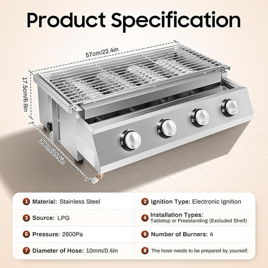 4-Burner Commercial Gas BBQ Grill, 2800Pa Adjustable Height Stainless Steel Patio Garden Barbecue Grill with Rotatable Connector Tabletop Smokeless Gas Grill for Camping, Gatherings and Outdoor