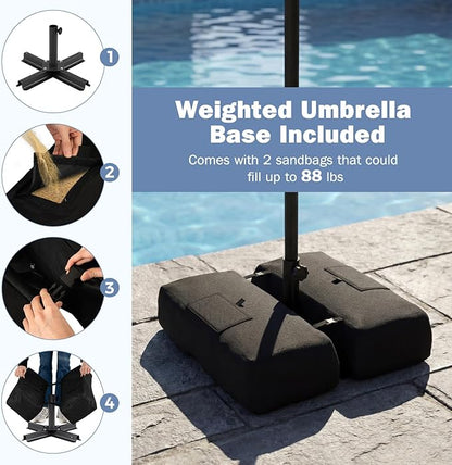 Tangkula 9 FT Patio Umbrella with Base Included, 2-Tiers Outdoor Scalloped Table Umbrella with 2 Sandbags, Tilt Adjustment, Crank, 8 Ribs for Market Backyard Pool Deck Beach Lawn