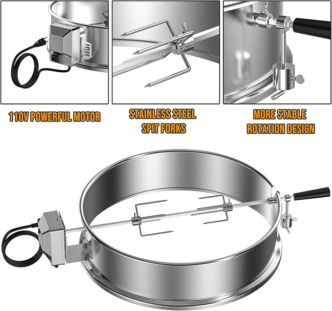 Skyflame Charkettle Stainless Steel Rotisserie Ring Kit | 21 1/2–22 1/2 inch Outer Diameter, Charcoal Kettle Grills, Compatible with Weber 2290, Other Models
