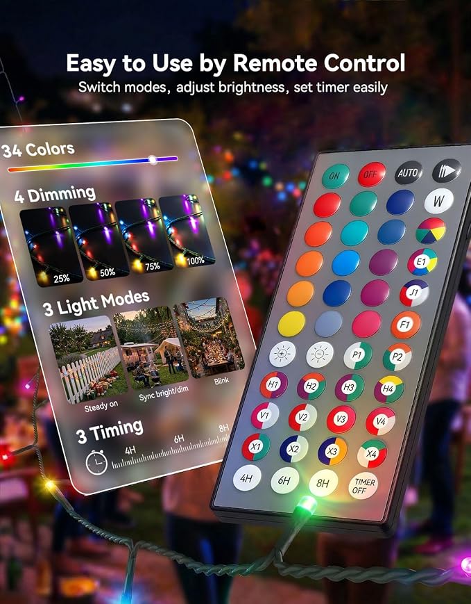 LitHome 34 Colors Solar String Lights Outdoor with Remote, 50 FT 150 LED | Solar & USB Powered Halloween String Lights, Waterproof Color Changing Christmas Light for Xmas Tree Light Party Decor
