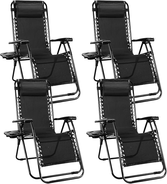Sweetcrispy Zero Gravity Chairs, Set of 4 Portable Recliner Beach Camping Patio Outdoor Folding Lounge Chair with Cup Holder Trays and Adjustable Pillow for Poolside, Garden, Backyard, Lawn, Black