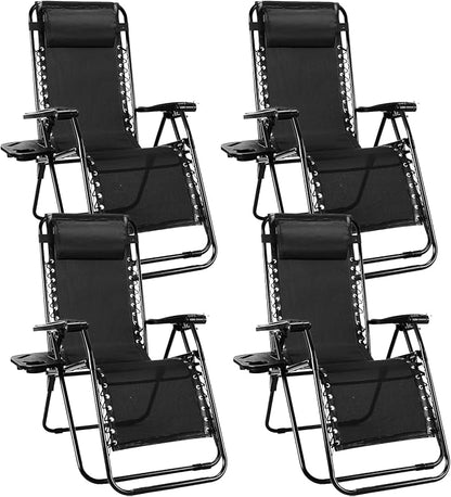 Sweetcrispy Zero Gravity Chairs, Set of 4 Portable Recliner Beach Camping Patio Outdoor Folding Lounge Chair with Cup Holder Trays and Adjustable Pillow for Poolside, Garden, Backyard, Lawn, Black