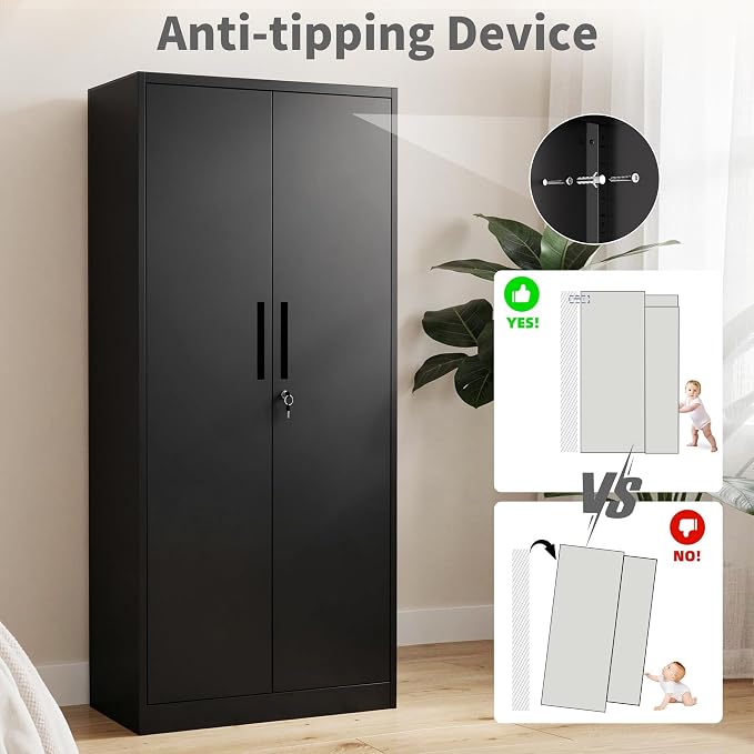 Metal Storage Cabinet with Lock, 71"H Garage Storage Cabinet, Black | Storage Cabinet with 2 Doors and 4 Adjustable Shelves, Steel Locking File Cabinet for Garage Office Home, 71"H x 16"D x 32"W