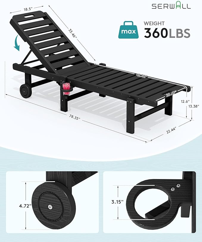 SERWALL HDPE Outdoor Chaise Lounge with Cup Holder & Wheels, Black | Weather-resistant chaise lounge resists fading, with 5-level adjustable back, cup holder and wheels.