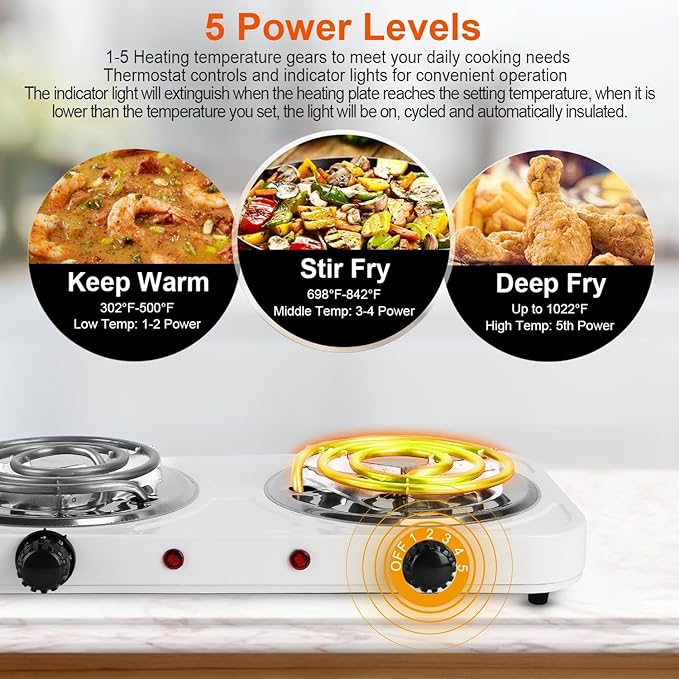 2000W Electric Double Burner Portable Coil Heating Hot Plate Stove Countertop RV Hotplate with Non Slip Rubber Feet 5 Temperature Adjustments
