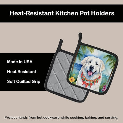 Caroline's Treasures Great Pyrenees Luau Pair of Pot Holders Kitchen Heat Resistant Pot Holders Sets Oven Hot Pads for Cooking Baking BBQ, 7 1/2 x 7 1/2
