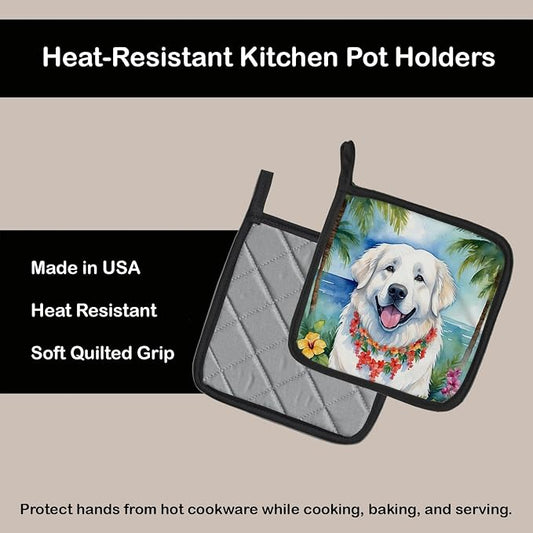 Caroline's Treasures Great Pyrenees Luau Pair of Pot Holders Kitchen Heat Resistant Pot Holders Sets Oven Hot Pads for Cooking Baking BBQ, 7 1/2 x 7 1/2