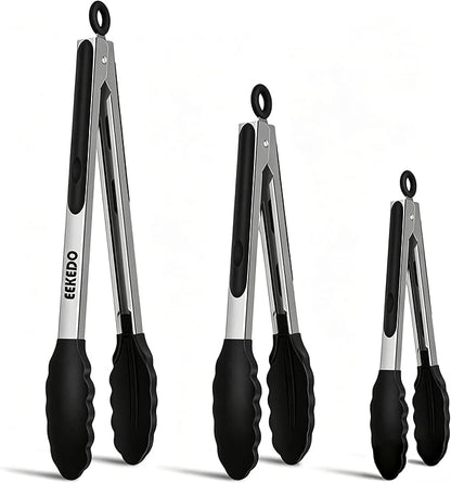 Kitchen Tongs, Stainless Steel Cooking Tongs with Silicone Tips, 600ºF High Heat-Resistant Non Scratch Locking Tongs for Cooking BBQ Grilling Air Fryer Pans, Set of 3 (7" 9" and 12") Black