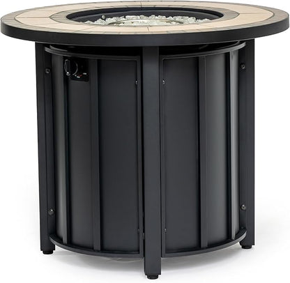 30'' Marble Ceramic Round Propane Fire Pit Table, 50,000 BTU Gas FirePit for Outdoor, Fire Table with Lid, Warmth & Ambience to Gatherings and Parties On Patio Deck Garden Backyard, Black.
