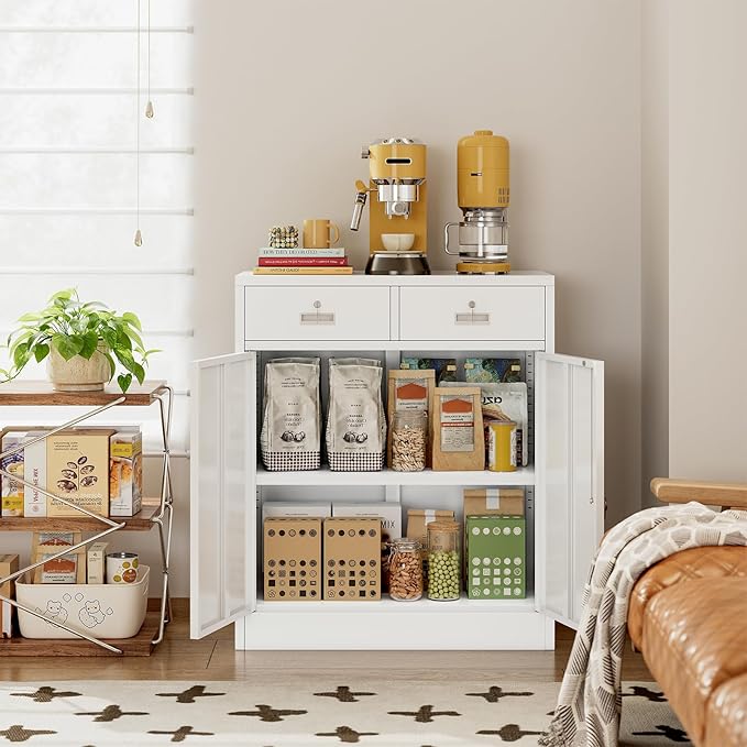 CJF Pantry Cabinet with 2 Drawer, Metal Pantry Storage Cabinets with Doors and 2 Adjustable Shelves, 36" H Locking Cabinet for Kitchen Storage, Home, Garage, Utility Room and Basement, White