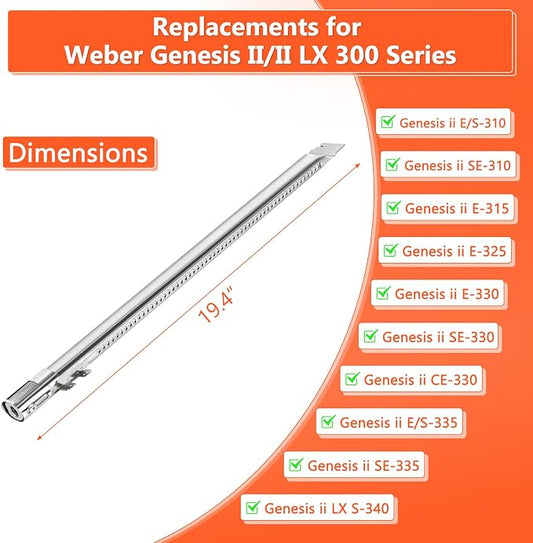 QuliMetal 67489 Burner Tubes for Weber Genesis II E310, E315 & E335 | 3-pack 304 stainless steel burner tubes for Genesis II 300 gas grills, fits 2017 and newer models