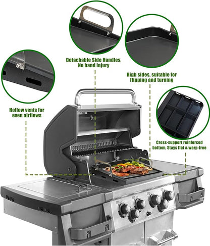 Upgraded Portable Steel Griddle for Gas Grill, Non-Stick Coating, Universal Flat Top for Gas Grill/Stove/Oven/Campfire, Ergonomic Handle & Easy Clean for Outdoor BBQ & Camping, Non-Toxic, 16"x12"