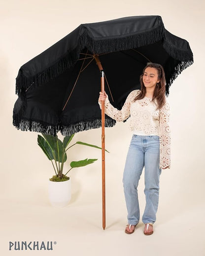 6 Ft Fringe Patio Umbrella - Outdoor Umbrella for Patio, Pool, Table, Garden, Deck, Beach, and Outdoors - Fashionable Boho Vintage Tassels & Wood Print - Push Button Tilt Pole