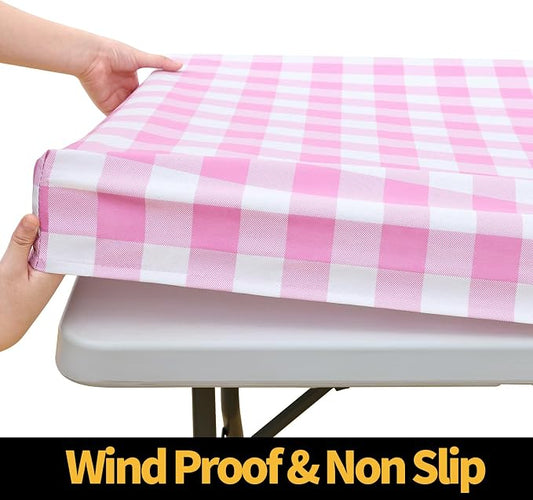 Smiry Rectangle Picnic Table Cloth, Elastic Waterproof Fitted Vinyl Tablecloths, Flannel Backed Buffalo Plaid Table Covers for Dining, Camping, Valentines (White and Pink, 30" x 72")