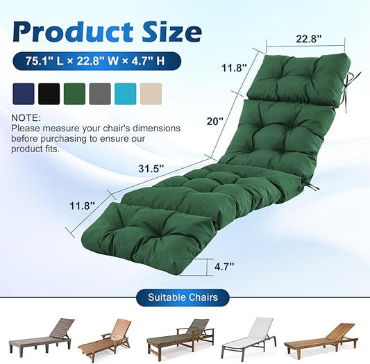 Chaise Lounge Cushions Outdoor, Waterproof & Fade Resistant Patio Lounge Chair Cushion for Outdoor Furniture, Chaise Cushion with Ties for Patio, Pool, Lawn and Beach, 75.1x22.8x4.7 Inch, Forest Green