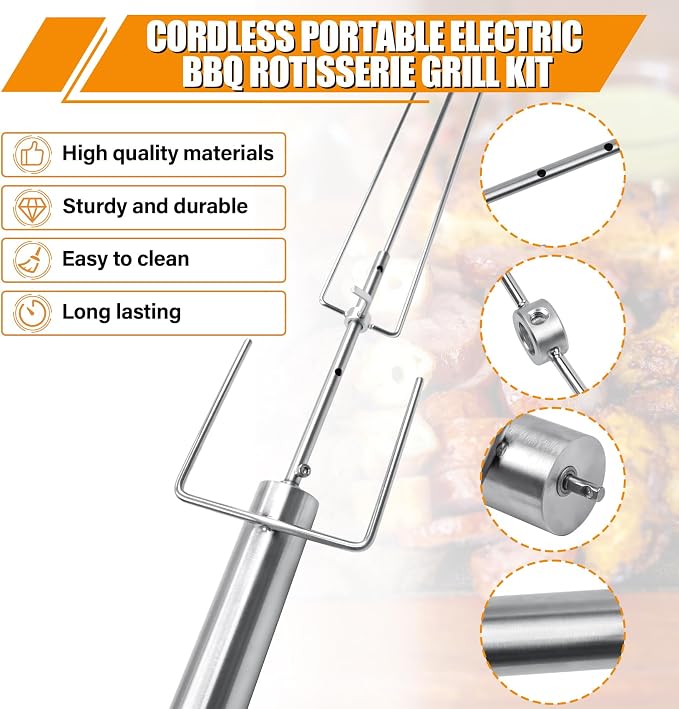 Cordless Portable Electric BBQ Rotisserie Grill Kit, Universal Automatic Motor Roaster Stand with Adjustable Length Stainless Steel Spit Rod, Automatic Rotating Barbecue Grill for Outdoor Camping