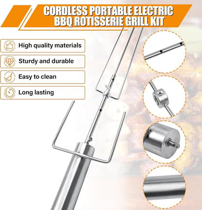 Cordless Portable Electric BBQ Rotisserie Grill Kit, Universal Automatic Motor Roaster Stand with Adjustable Length Stainless Steel Spit Rod, Automatic Rotating Barbecue Grill for Outdoor Camping