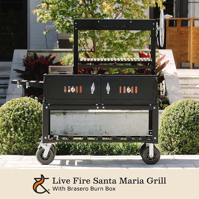 Ash & Ember Santa Maria Grill with Brasero Charcoal Chamber, Wood & Charcoal Argentine Grill with Ceramic Brick Lining, BBQ Grill with Hand Wheel for Adjustable Heat Control, Bottom & Side Shelf