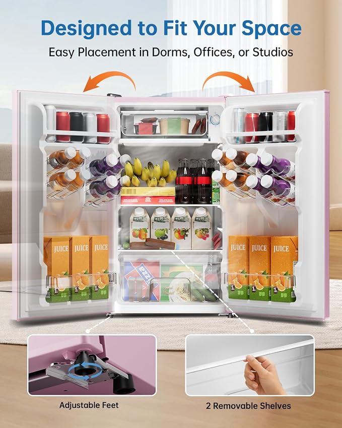 3.2 Cu Ft Mini Fridge with Freezer - Energy Efficient, Large Capacity Single Door Upright Freezer for Bedroom, Office & Dorm | Small Fridge, Reversible Door, ETL Certified(Pink)
