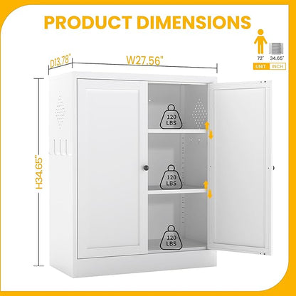 34.5" Metal Storage Cabinet with 2 Adjustable Shelves, Kitchen Pantry Cabinet with Ventilation Holes and Hooks for Home, Living Room, Pantry (White)