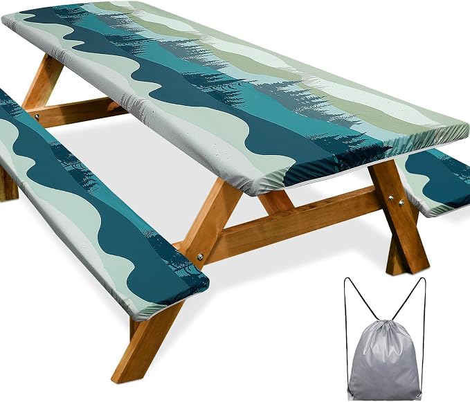 Picnic Table Cover Bench Covers Camping Essentials Tablecloth | Waterproof Vinyl for Outdoor, Windproof Elastic Fitted Edges, RV BBQ Accessories Must Haves, Storage Bag Included