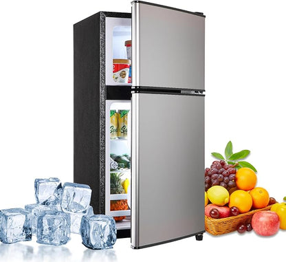 Dorm Fridge with Freezer, Small Refrigerator 3.5 Cu. Ft. 7-Level | Mini Fridge with Freezer for Apartment, 7 Temperature Adjustable Apartment Size Fridge for Kichen, College, RV, Silver
