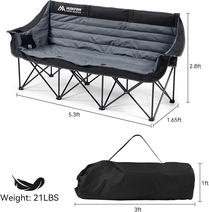Huskfirm 3 Person Camping Chairs Folding Double Camp Chair for Adults Black | Oversized Loveseat Camping Chair Padded Heavy Duty Camping Couch for Outdoor Lawn with Two Cup Holders and Carry Bag