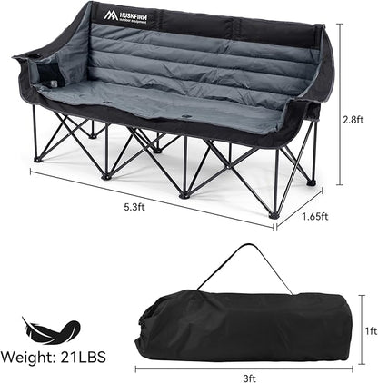 Huskfirm 3 Person Camping Chairs Folding Double Camp Chair for Adults Black | Oversized Loveseat Camping Chair Padded Heavy Duty Camping Couch for Outdoor Lawn with Two Cup Holders and Carry Bag