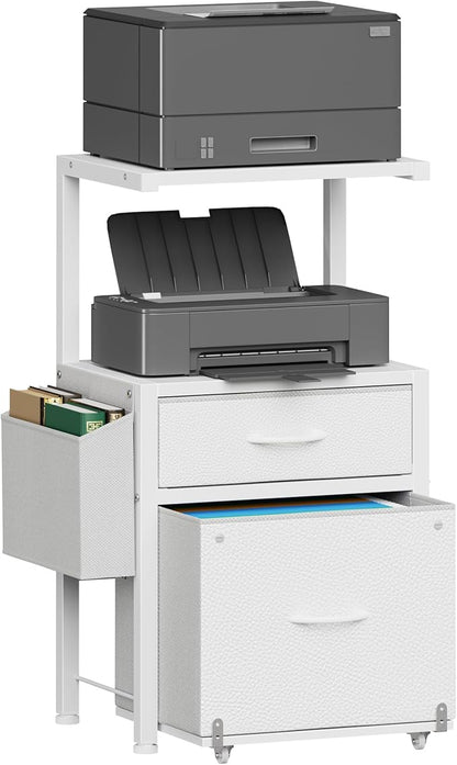 HIGDBFE Filing Cabinet with 2-Tier Printer Shelves, 2 Fabric Drawers File Cabinet with Reversible Side Bag&File Drawer, Printer Stand with Storage for Home Office, White, 16.5" W