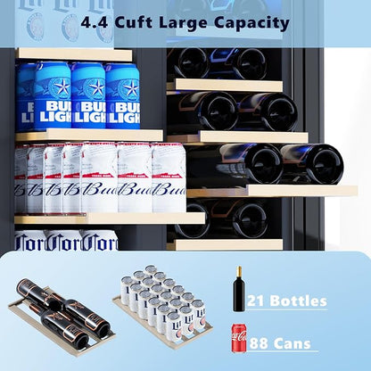 Electactic Dual Zone Wine Cooler with Glass Door, 21 Bottles and 88 Cans Wine and Beverage Refrigerator, 4.4 cu.Ft 24 Inch Built in or Under Counter Wine Fridge with LED Light, Two Door Lock
