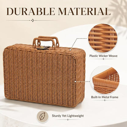 Wicker Picnic Basket, Decorative Prop Suitcase Vintage Storage Hamper Makeup Organizer, Metal Lock Rattan Storage Box with Handles for Sundries Travel Camping and Outdoor Party (Brown, XL)