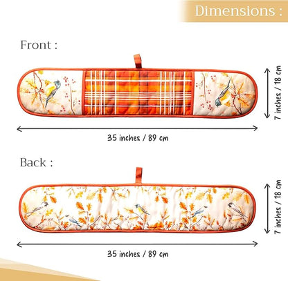 Maison d' Hermine Double Oven Mitt (7" x 35") 100% Cotton Heat Resistant BBQ Cooking Gloves with Loop for Thanksgiving Christmas Decorations Baking Cooking Barbeque Handling Hot Pan (Oak Leaves)