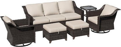 6 Pieces Patio Conversation Furniture Set - 1 Sofa, 2 Swivel Chairs, 2 Ottomans, 1 Side Table, Outdoor Wicker Furniture with Removable Cushions for Porch, Balcony, Sunroom (Beige)