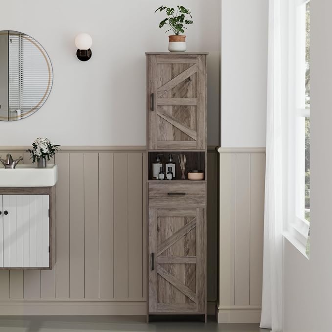 Homhedy 67" H Tall Bathroom Storage Cabinet with Barn Doors and Drawer | Narrow Storage Unit with Adjustable Shelves, Floor Cabinet for Bathroom, Living Room, Entryway or Kitchen, Greige, 15.7" W
