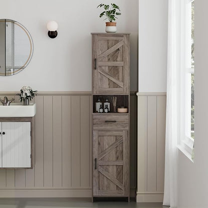 Homhedy 67" H Tall Bathroom Storage Cabinet with Barn Doors and Drawer | Narrow Storage Unit with Adjustable Shelves, Floor Cabinet for Bathroom, Living Room, Entryway or Kitchen, Greige, 15.7" W