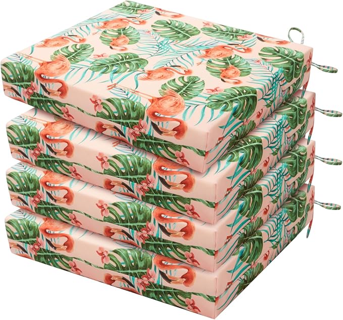 HARBOREST Outdoor Chair Cushions Set of 4, Water Resistant Patio Chair Cushions with Ties, Square Corner Outdoor Seat Cushions for Patio Furniture, 18.5"x16"x3", Flamingo
