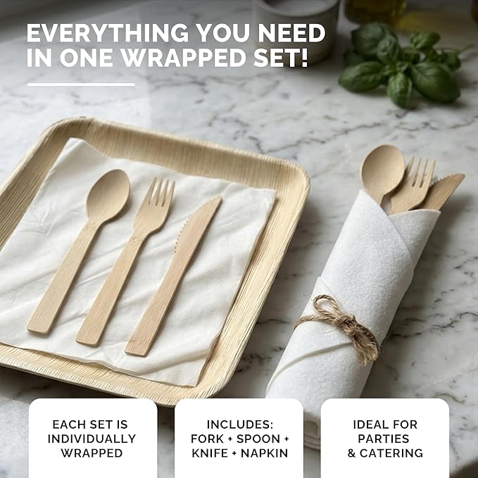 Prerolled Disposable Bamboo Cutlery Set – 50 Pack Pre Wrapped Silverware and Napkin Bundle with Forks, Knives, Spoons for Parties, Weddings, Events, and BBQ (Natural - Beige String)